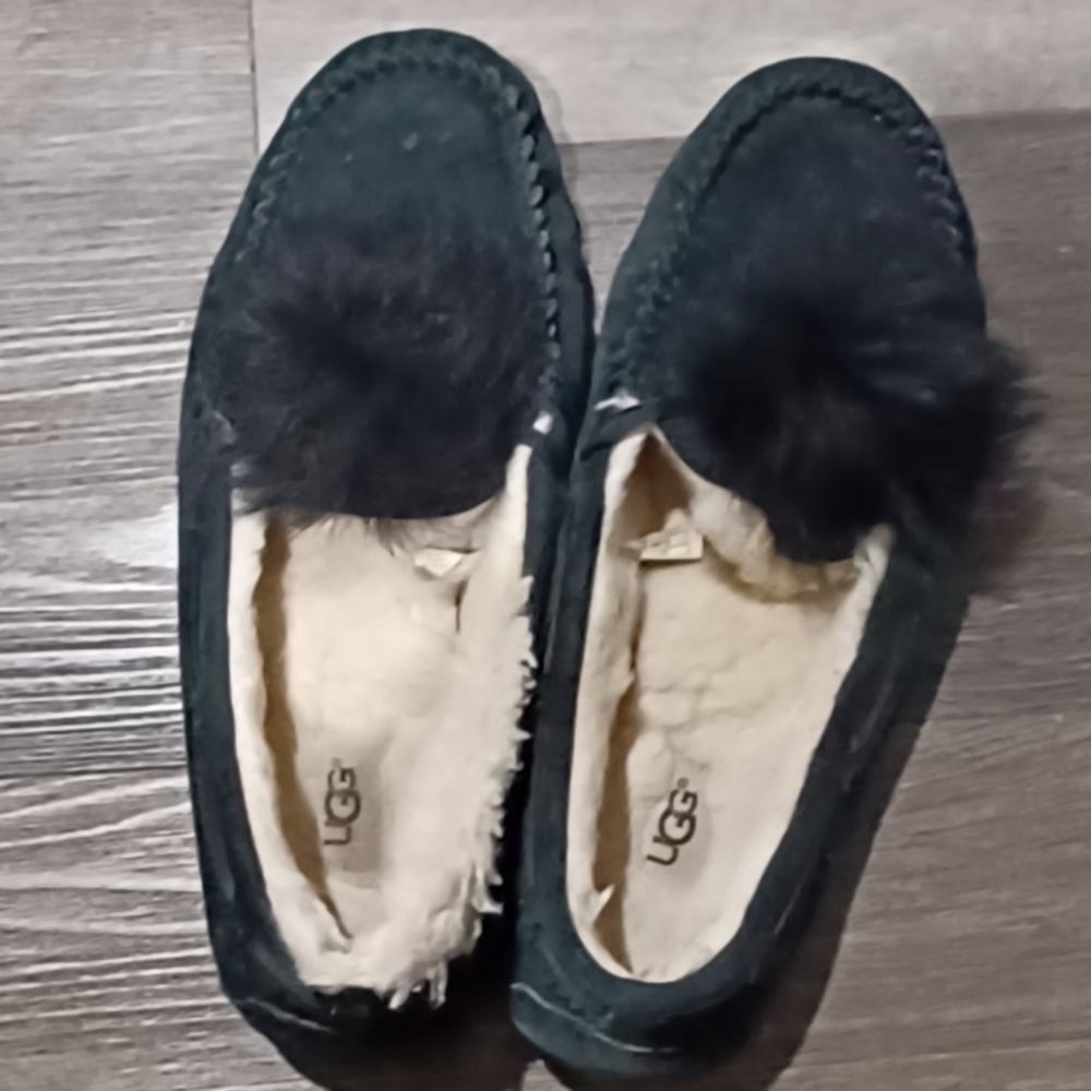 UGG Women's Black Suede Pom Moccasin Slippers